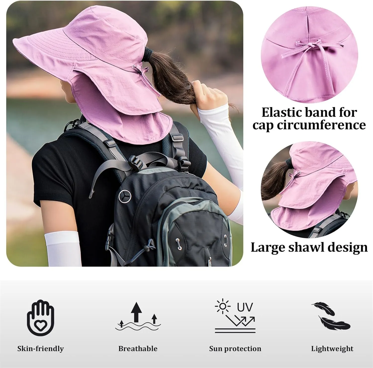 Sun Hat Women Men with Neck Flap Wide Brim Hat, Foldable Ponytail Summer UV Protection Fishing Hat for Beach Hiking Gardening