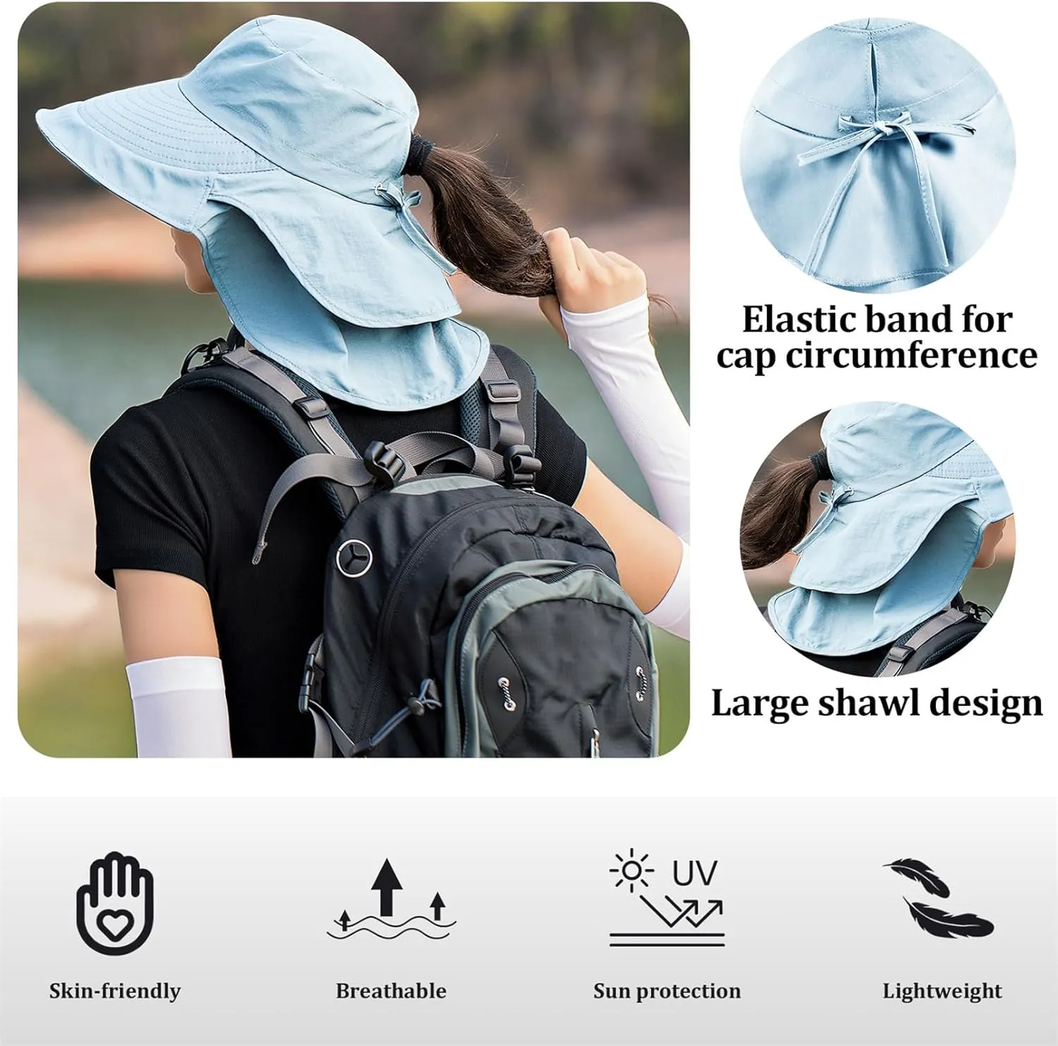 Sun Hat Women Men with Neck Flap Wide Brim Hat, Foldable Ponytail Summer UV Protection Fishing Hat for Beach Hiking Gardening