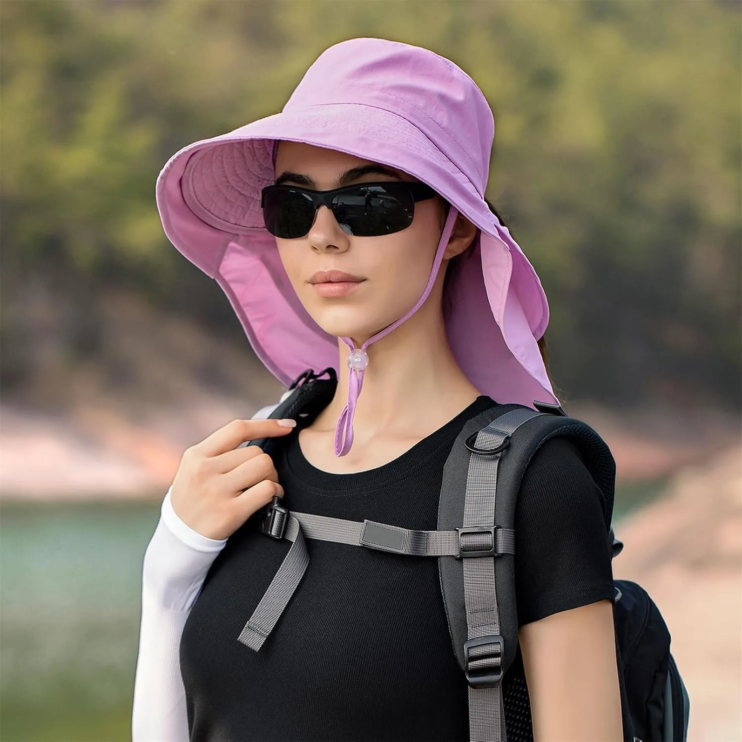 Sun Hat Women Men with Neck Flap Wide Brim Hat, Foldable Ponytail Summer UV Protection Fishing Hat for Beach Hiking Gardening