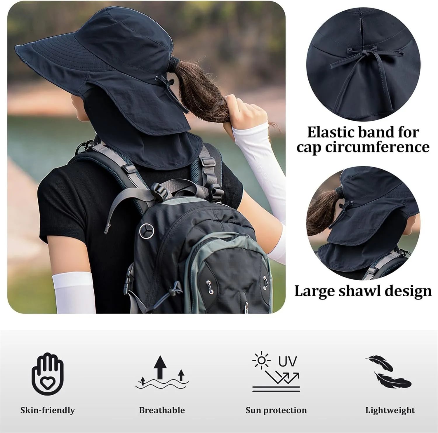 Sun Hat Women Men with Neck Flap Wide Brim Hat, Foldable Ponytail Summer UV Protection Fishing Hat for Beach Hiking Gardening