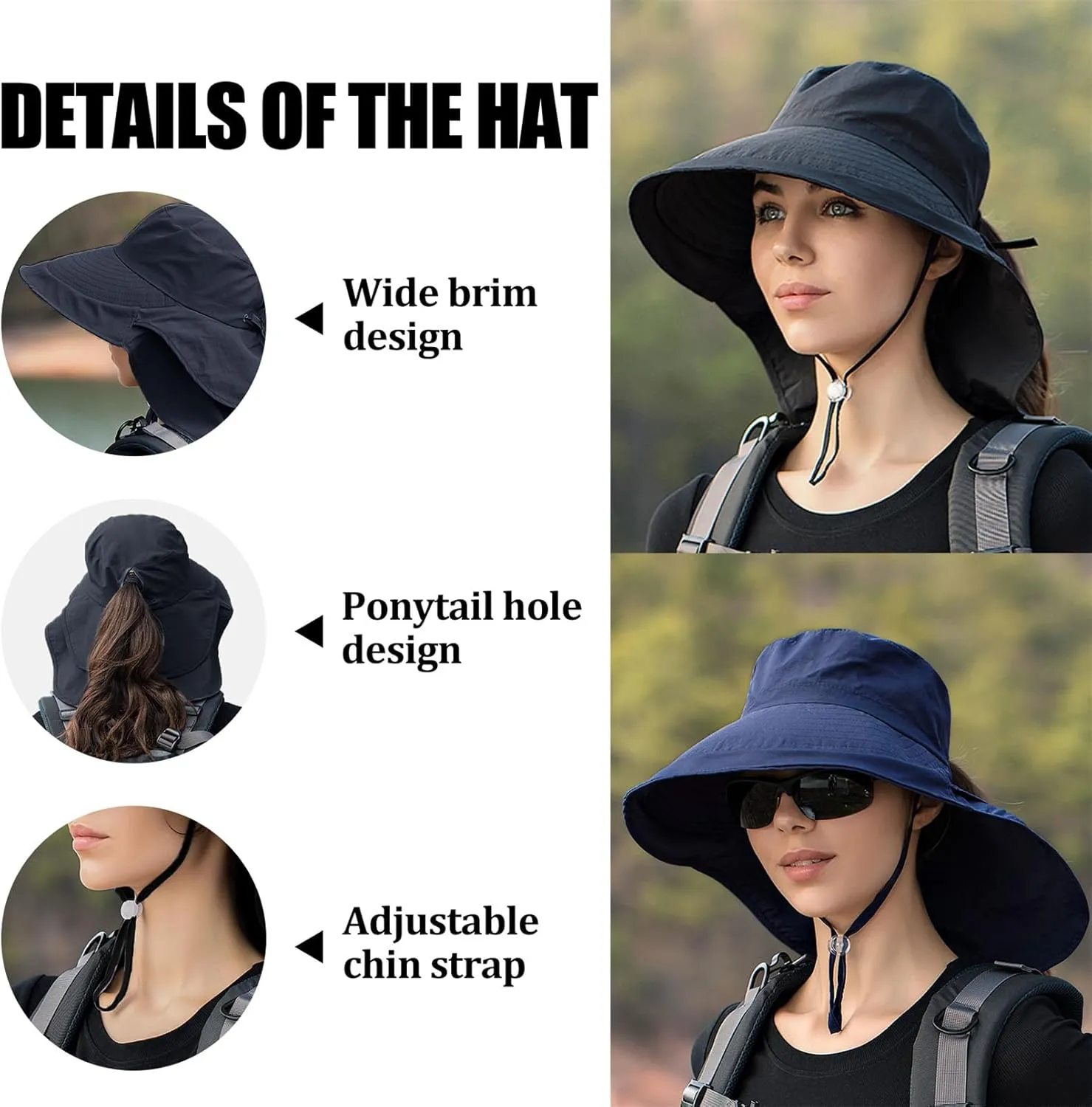 Sun Hat Women Men with Neck Flap Wide Brim Hat, Foldable Ponytail Summer UV Protection Fishing Hat for Beach Hiking Gardening
