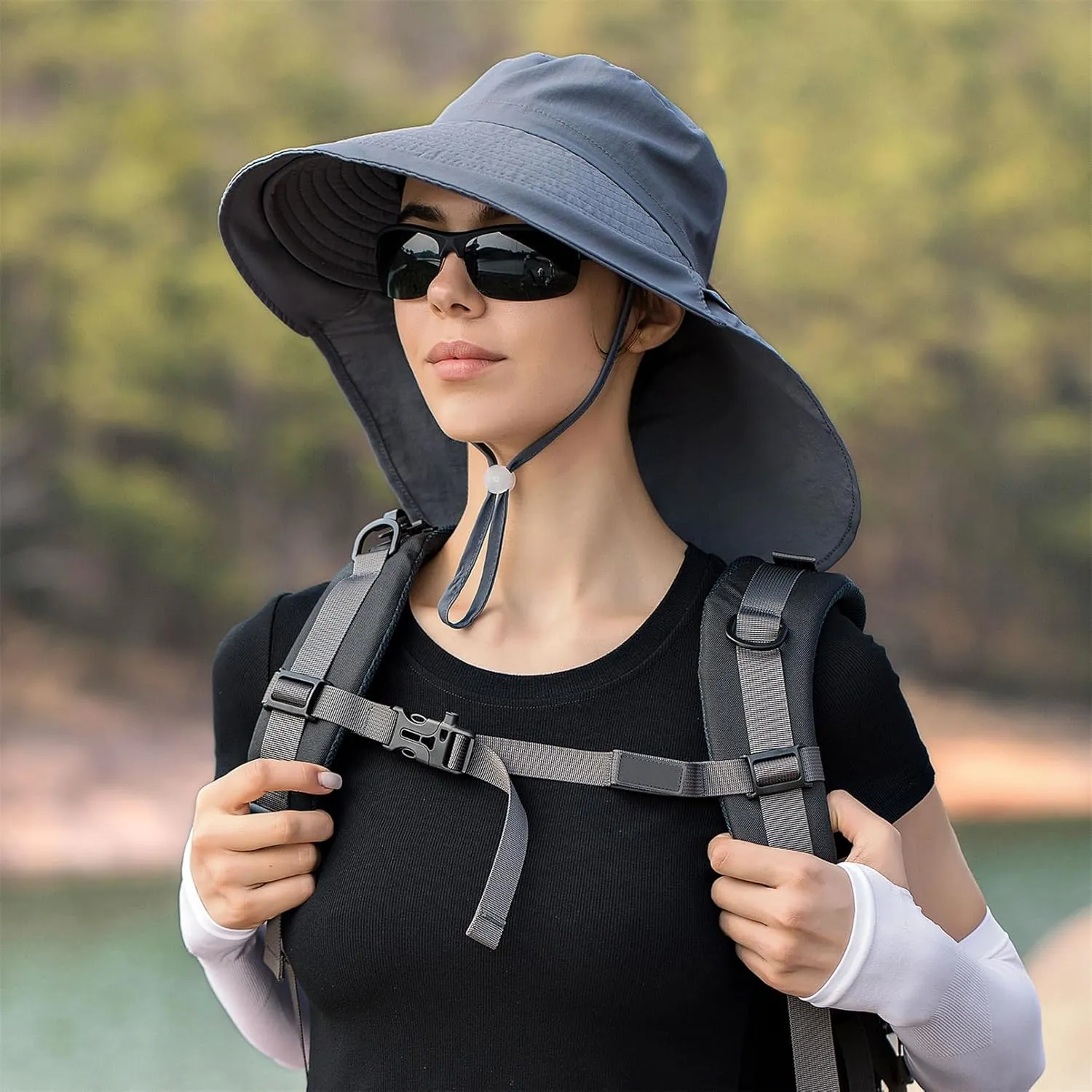 Sun Hat Women Men with Neck Flap Wide Brim Hat, Foldable Ponytail Summer UV Protection Fishing Hat for Beach Hiking Gardening