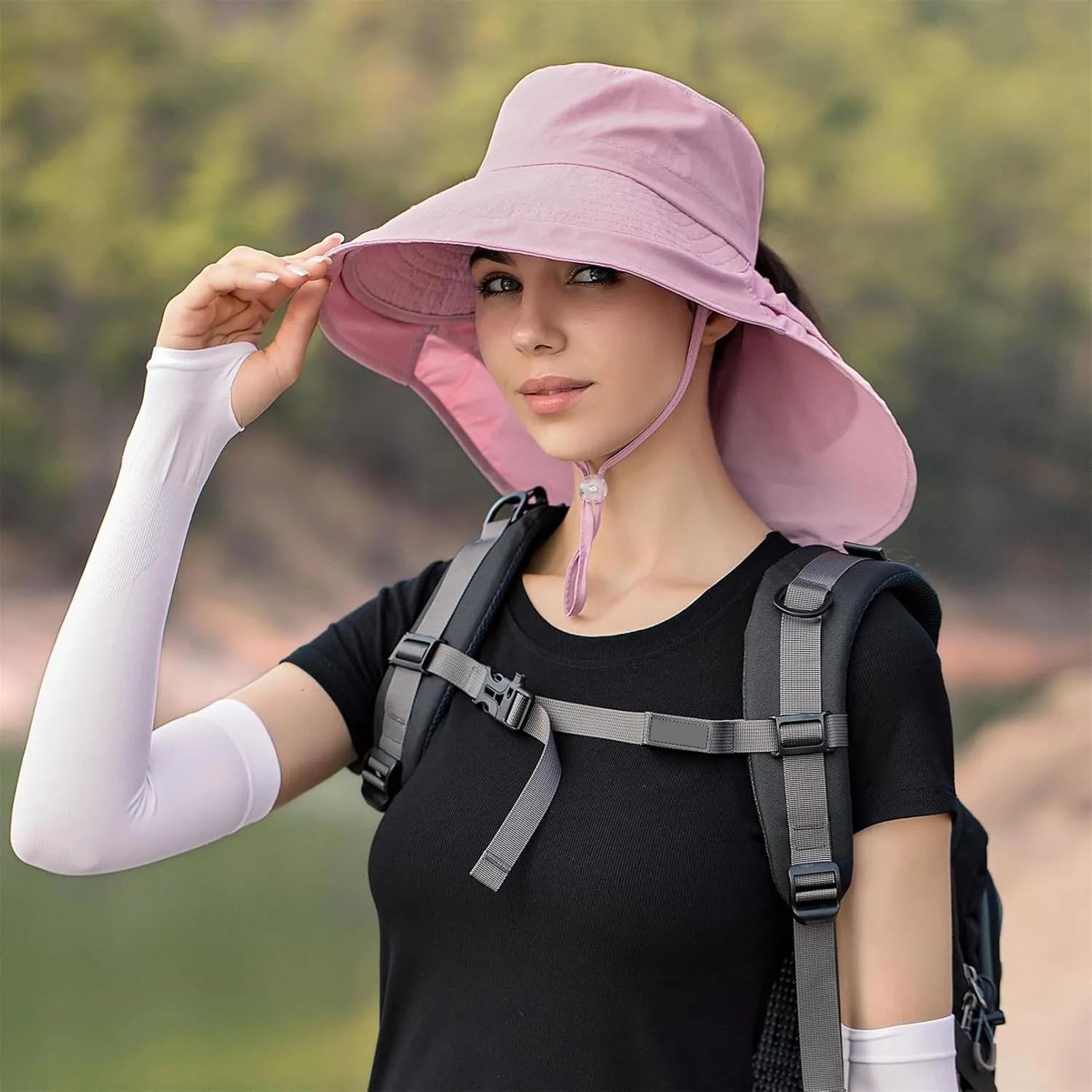 Sun Hat Women Men with Neck Flap Wide Brim Hat, Foldable Ponytail Summer UV Protection Fishing Hat for Beach Hiking Gardening