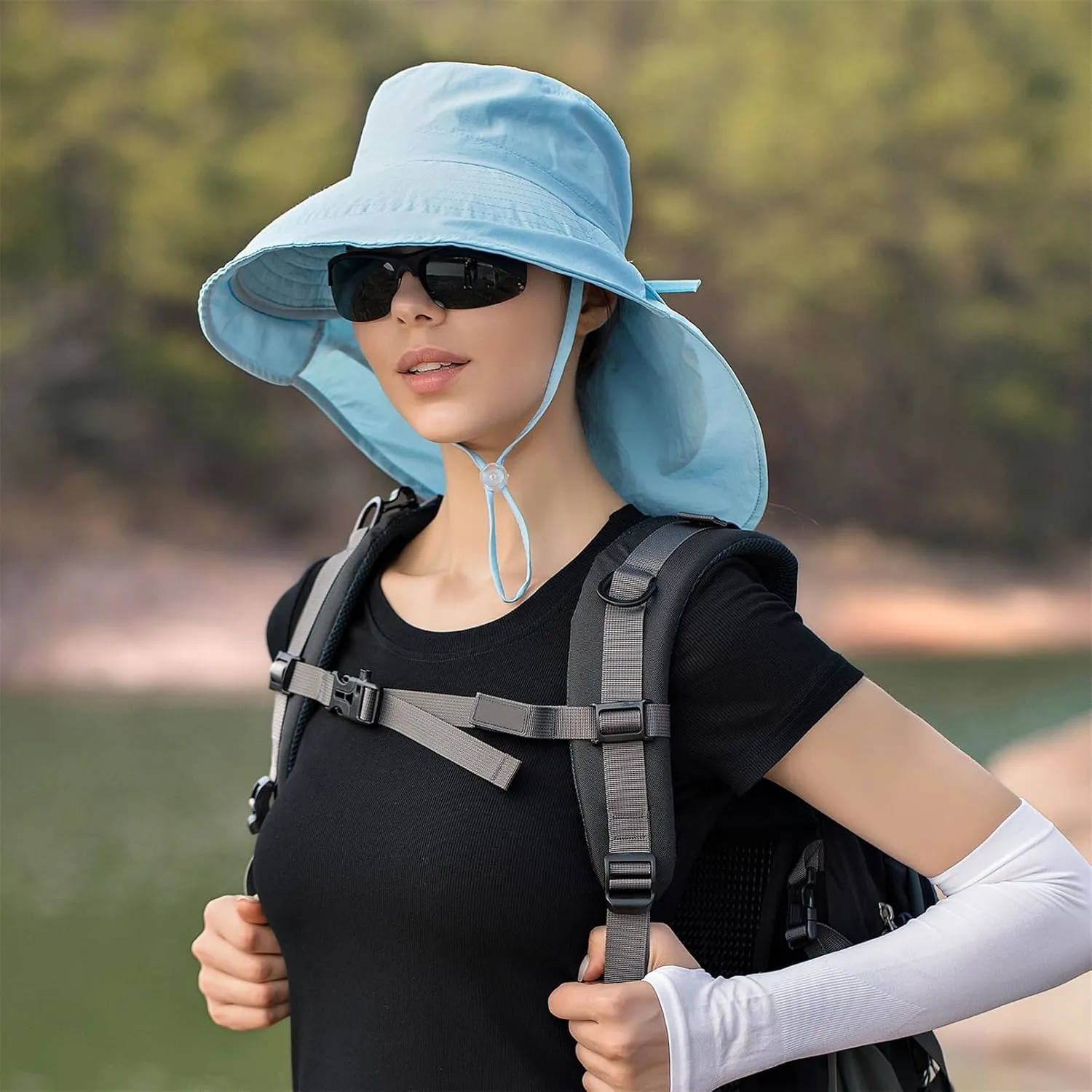 Sun Hat Women Men with Neck Flap Wide Brim Hat, Foldable Ponytail Summer UV Protection Fishing Hat for Beach Hiking Gardening