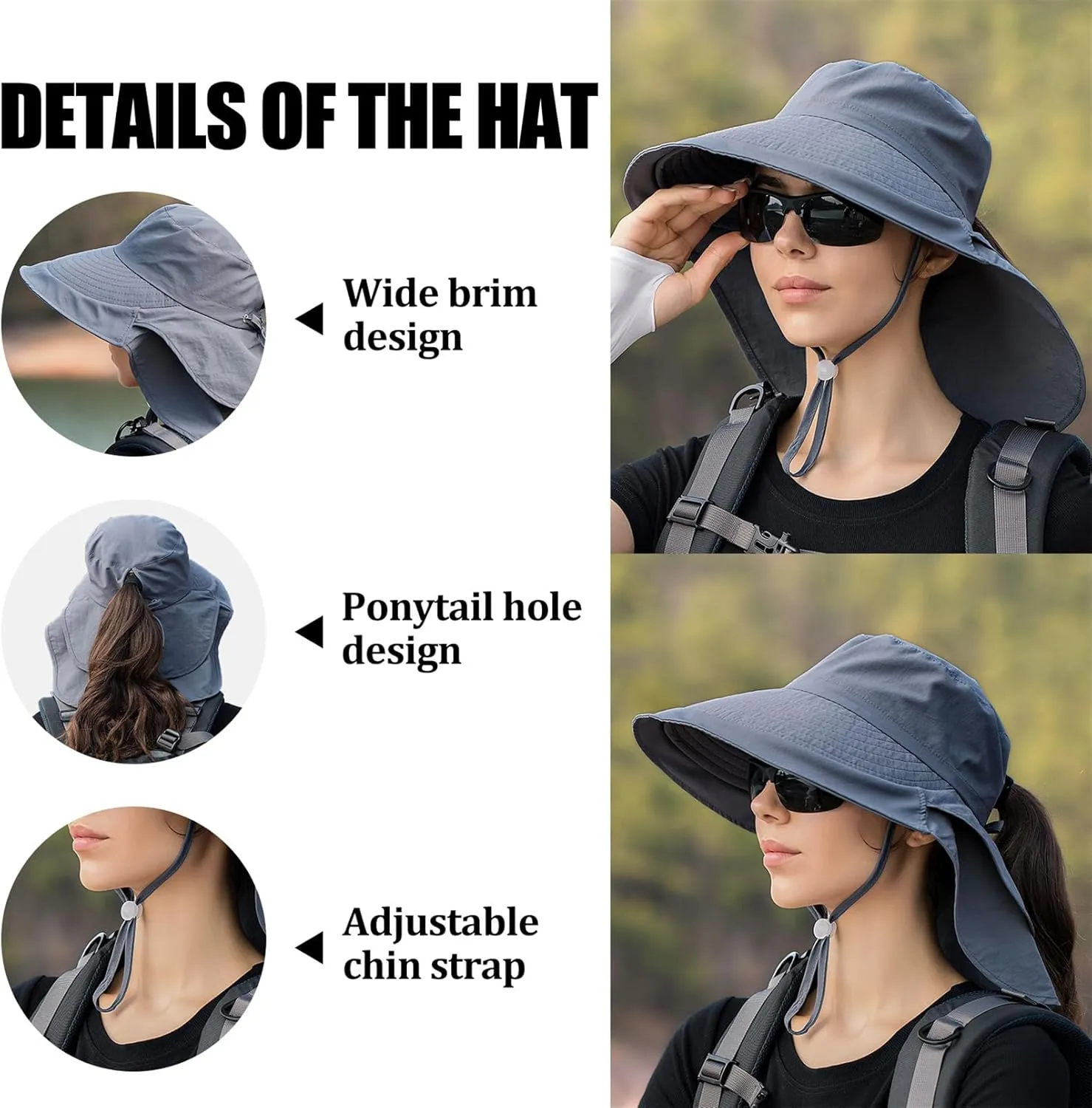 Sun Hat Women Men with Neck Flap Wide Brim Hat, Foldable Ponytail Summer UV Protection Fishing Hat for Beach Hiking Gardening