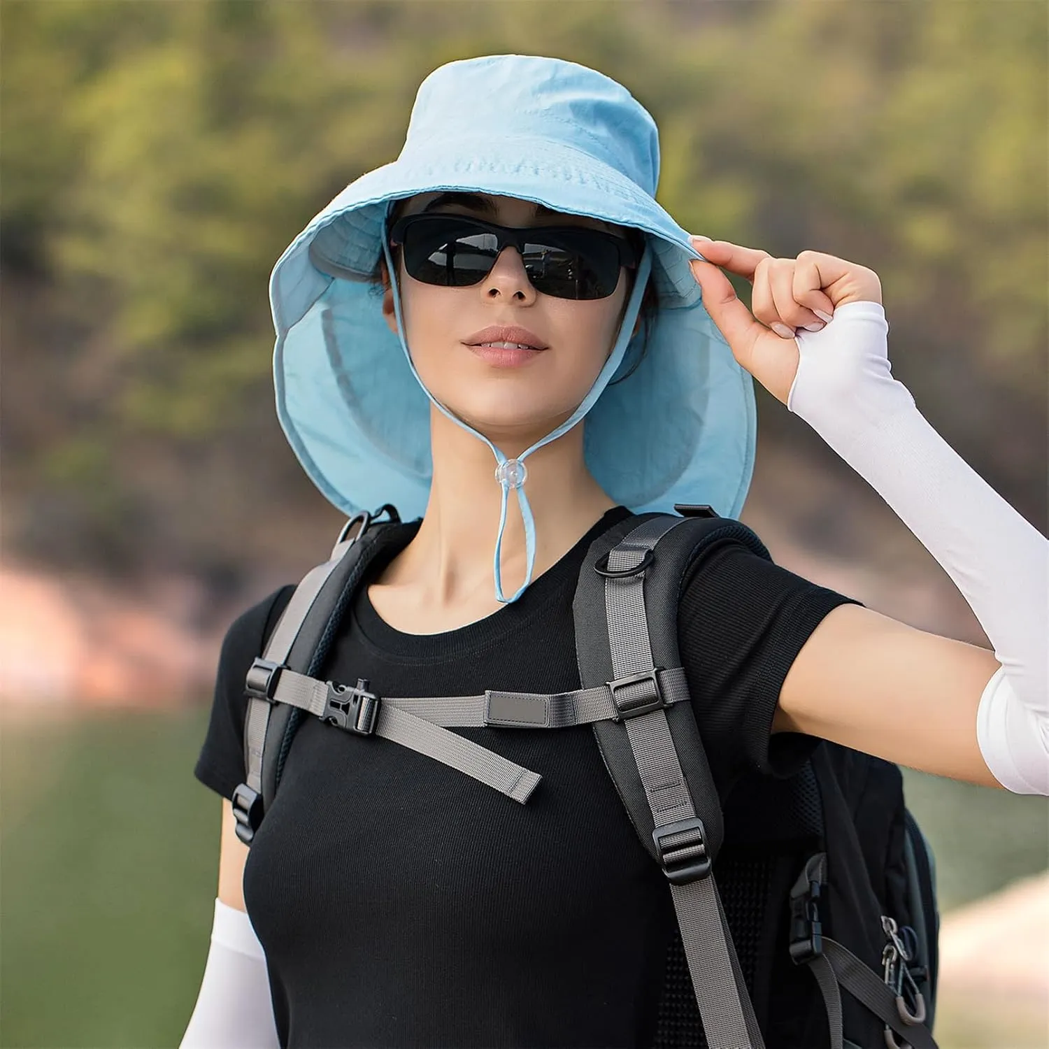 Sun Hat Women Men with Neck Flap Wide Brim Hat, Foldable Ponytail Summer UV Protection Fishing Hat for Beach Hiking Gardening