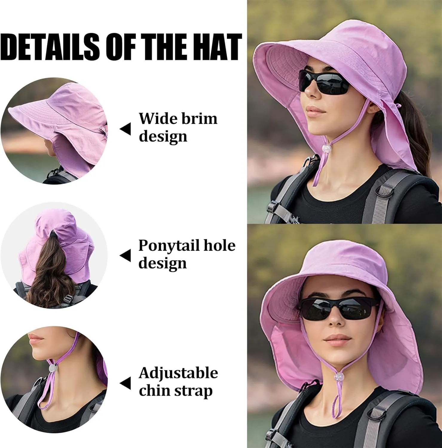 Sun Hat Women Men with Neck Flap Wide Brim Hat, Foldable Ponytail Summer UV Protection Fishing Hat for Beach Hiking Gardening