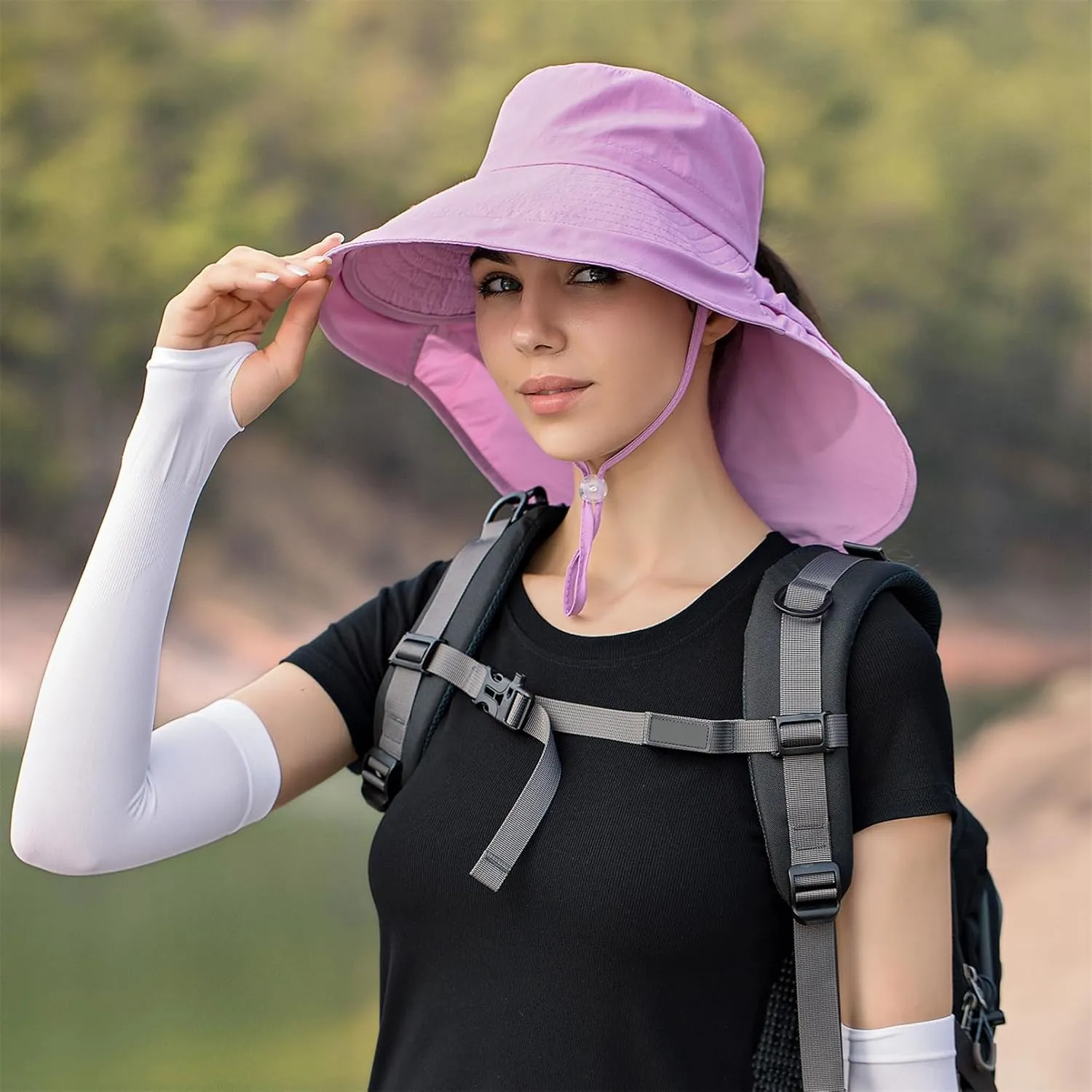 Sun Hat Women Men with Neck Flap Wide Brim Hat, Foldable Ponytail Summer UV Protection Fishing Hat for Beach Hiking Gardening