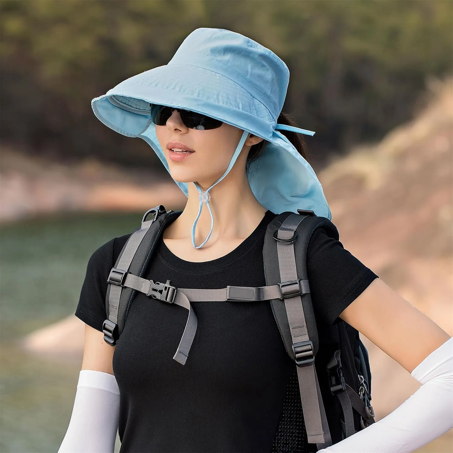 Sun Hat Women Men with Neck Flap Wide Brim Hat, Foldable Ponytail Summer UV Protection Fishing Hat for Beach Hiking Gardening