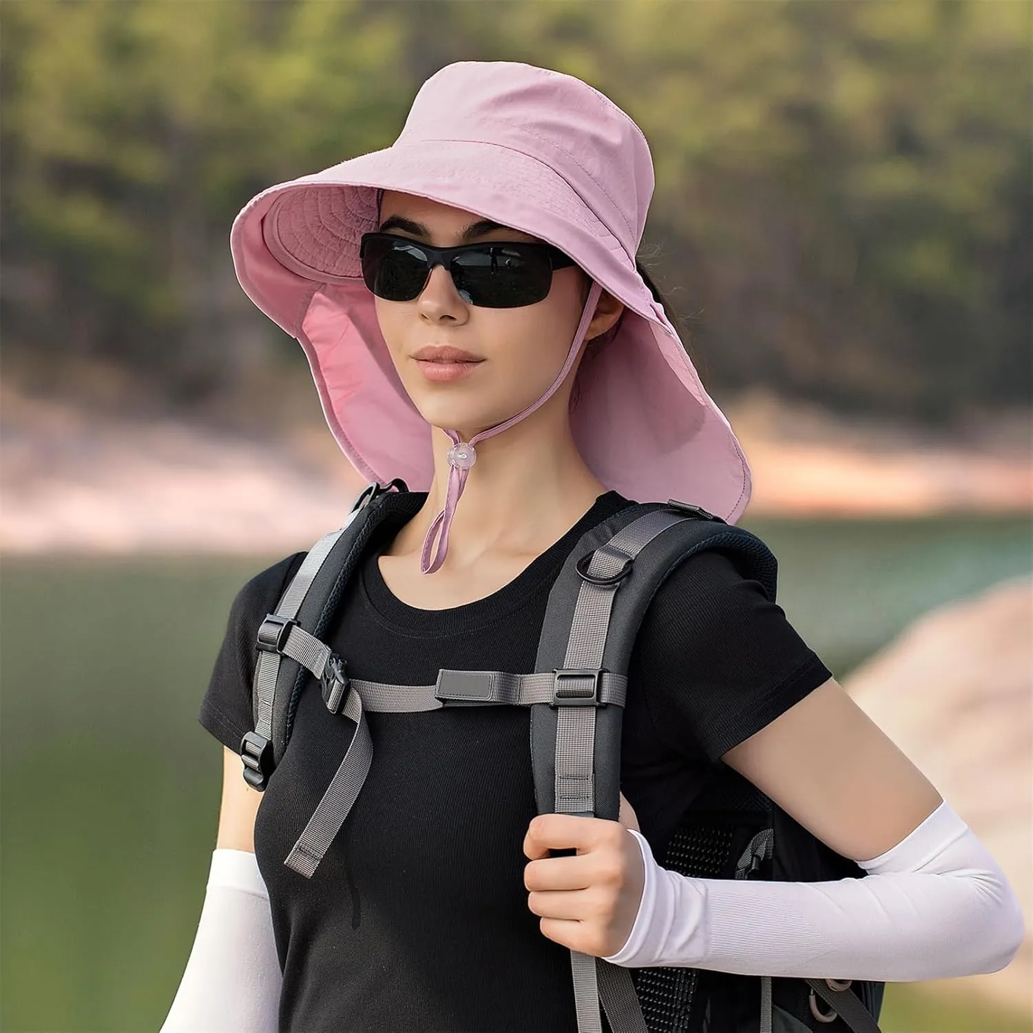 Sun Hat Women Men with Neck Flap Wide Brim Hat, Foldable Ponytail Summer UV Protection Fishing Hat for Beach Hiking Gardening