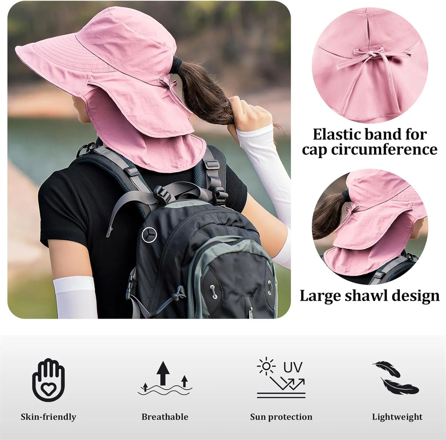 Sun Hat Women Men with Neck Flap Wide Brim Hat, Foldable Ponytail Summer UV Protection Fishing Hat for Beach Hiking Gardening