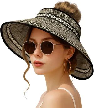 Sun Hats for Women Beach Hats Wide Brim Straw Sun Visors Ponytail Hat Summer Packable Foldable Travel