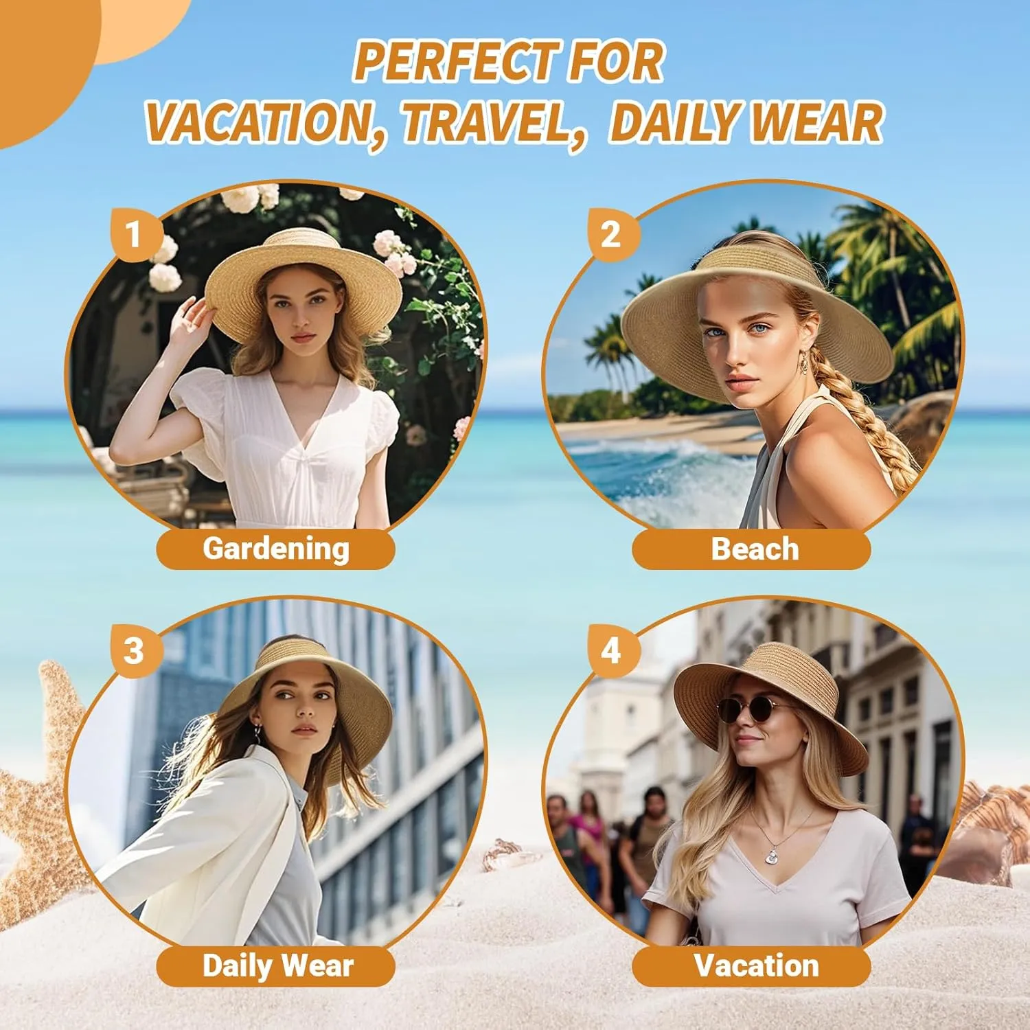 Sun Hats for Women Beach Hats Wide Brim Straw Sun Visors Ponytail Hat Summer Packable Foldable Travel