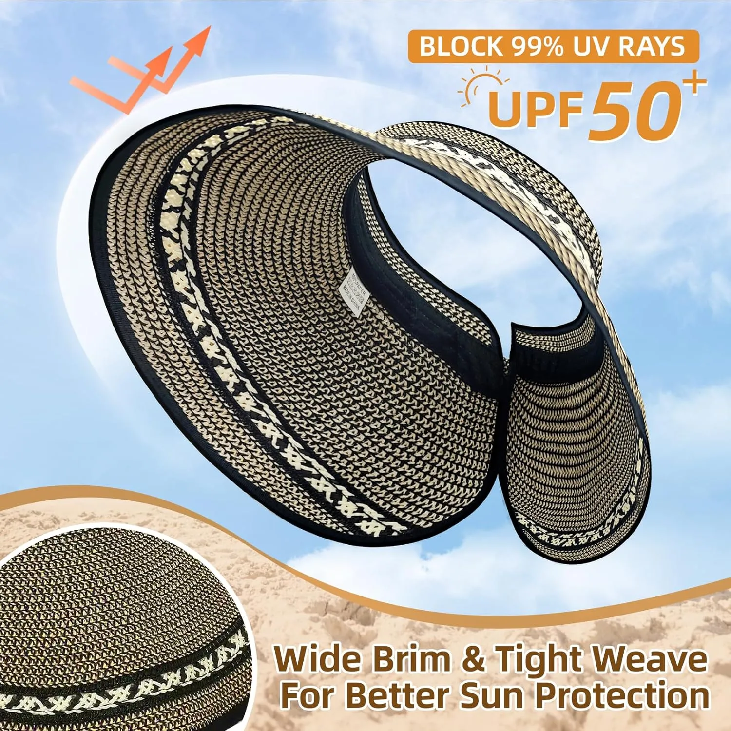 Sun Hats for Women Beach Hats Wide Brim Straw Sun Visors Ponytail Hat Summer Packable Foldable Travel