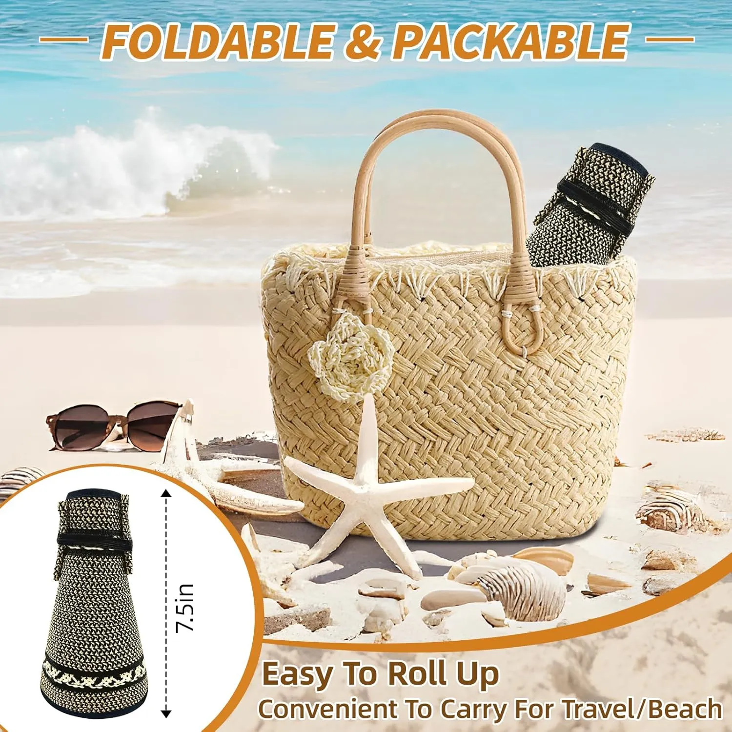 Sun Hats for Women Beach Hats Wide Brim Straw Sun Visors Ponytail Hat Summer Packable Foldable Travel