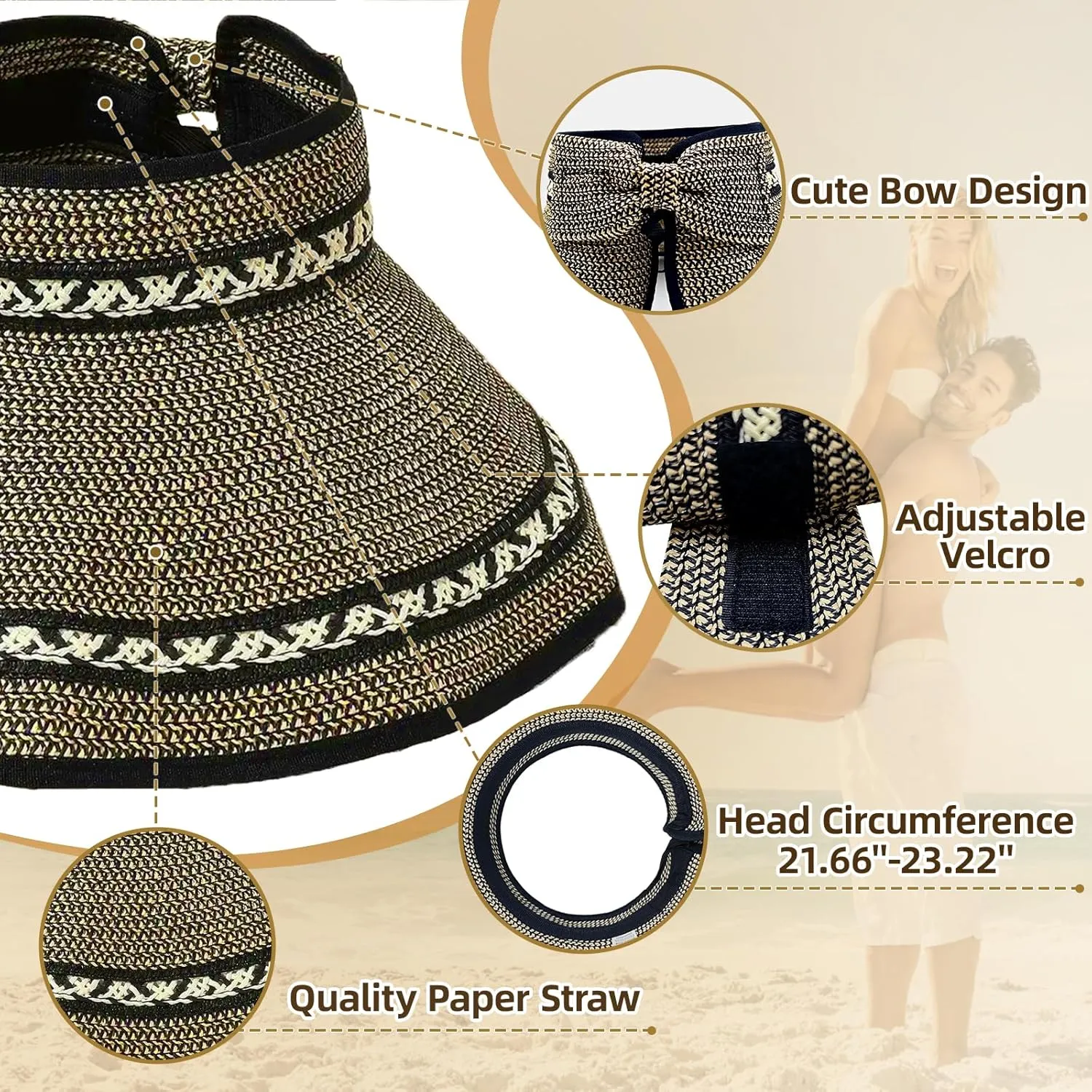 Sun Hats for Women Beach Hats Wide Brim Straw Sun Visors Ponytail Hat Summer Packable Foldable Travel