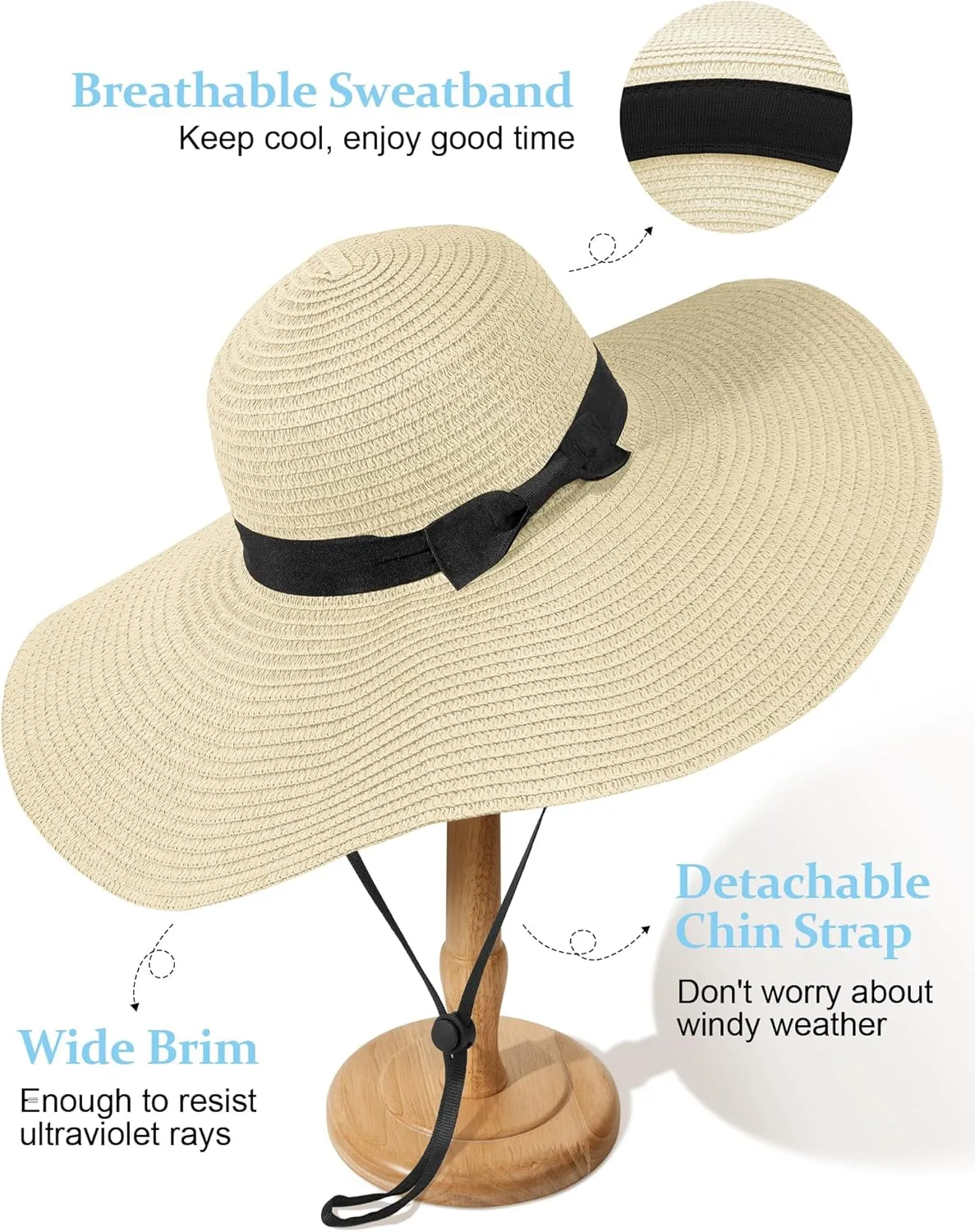 Sun Hats for Women Oversize Wide Brim Straw Beach Hat UV Protection Floppy Foldable Roll-Up Travel Summer Vacation UPF 50 
