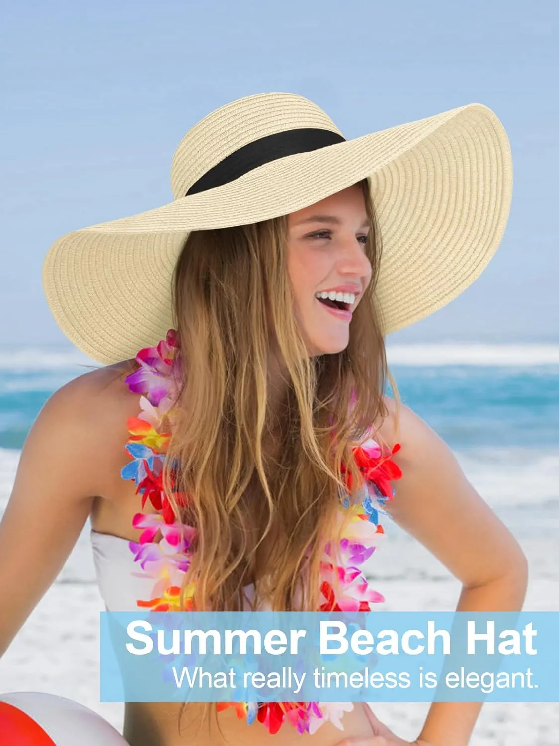 Sun Hats for Women Oversize Wide Brim Straw Beach Hat UV Protection Floppy Foldable Roll-Up Travel Summer Vacation UPF 50 