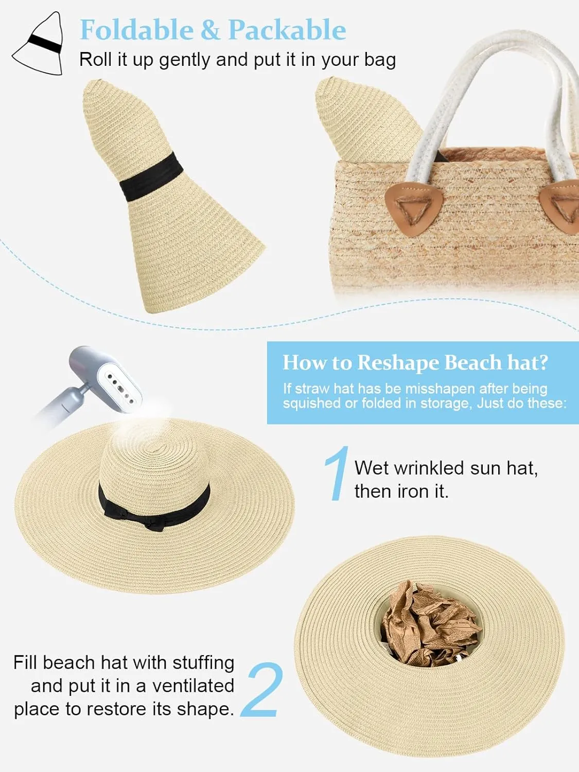 Sun Hats for Women Oversize Wide Brim Straw Beach Hat UV Protection Floppy Foldable Roll-Up Travel Summer Vacation UPF 50 