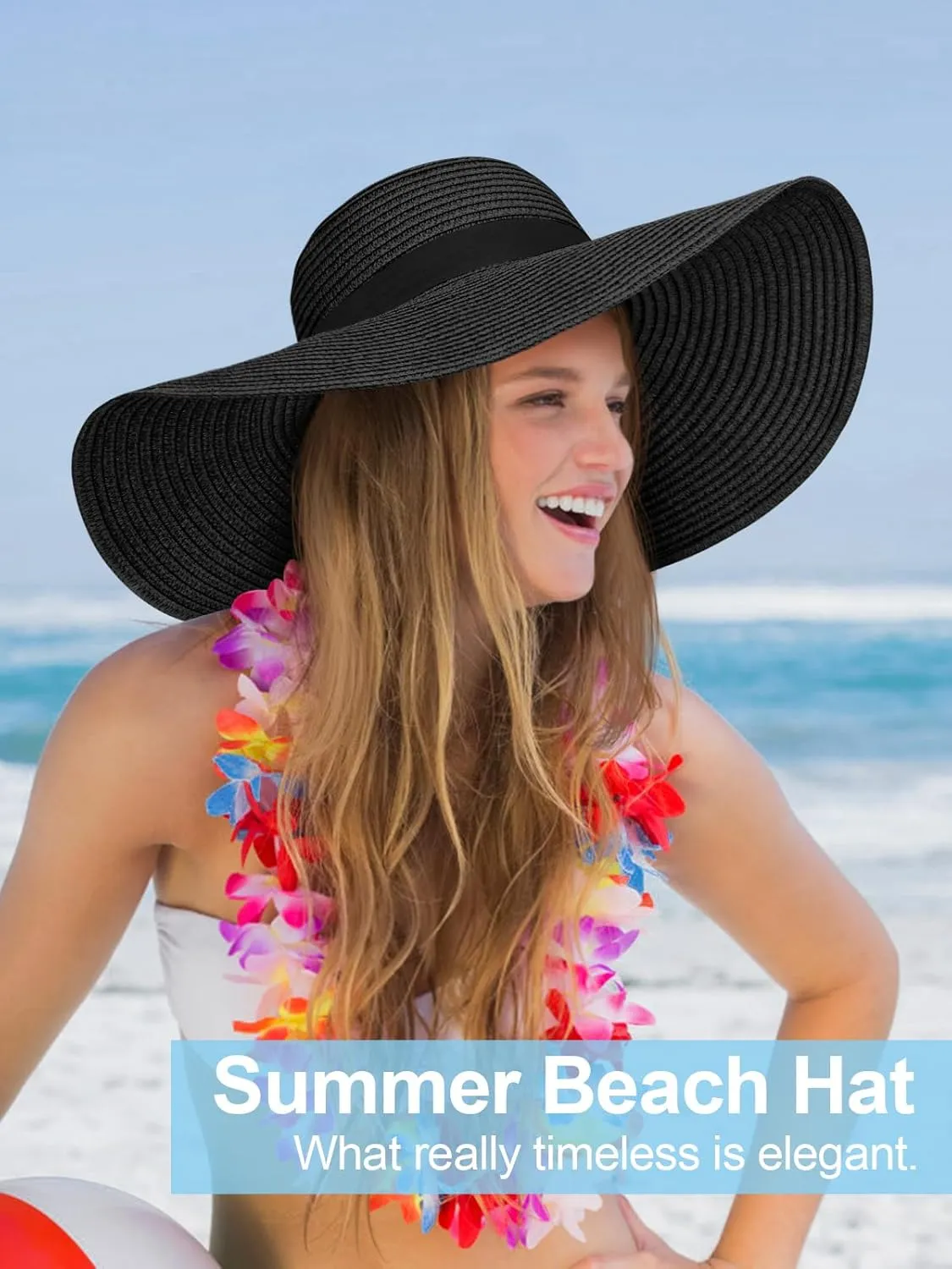 Sun Hats for Women Oversize Wide Brim Straw Beach Hat UV Protection Floppy Foldable Roll-Up Travel Summer Vacation UPF 50 