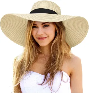 Sun Hats for Women Oversize Wide Brim Straw Beach Hat UV Protection Floppy Foldable Roll-Up Travel Summer Vacation UPF 50 