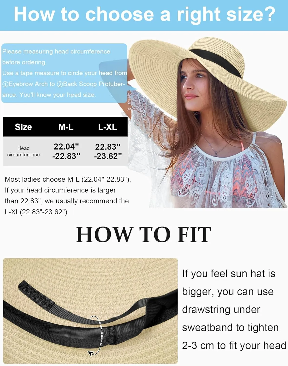 Sun Hats for Women Oversize Wide Brim Straw Beach Hat UV Protection Floppy Foldable Roll-Up Travel Summer Vacation UPF 50 