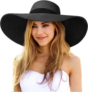Sun Hats for Women Oversize Wide Brim Straw Beach Hat UV Protection Floppy Foldable Roll-Up Travel Summer Vacation UPF 50 