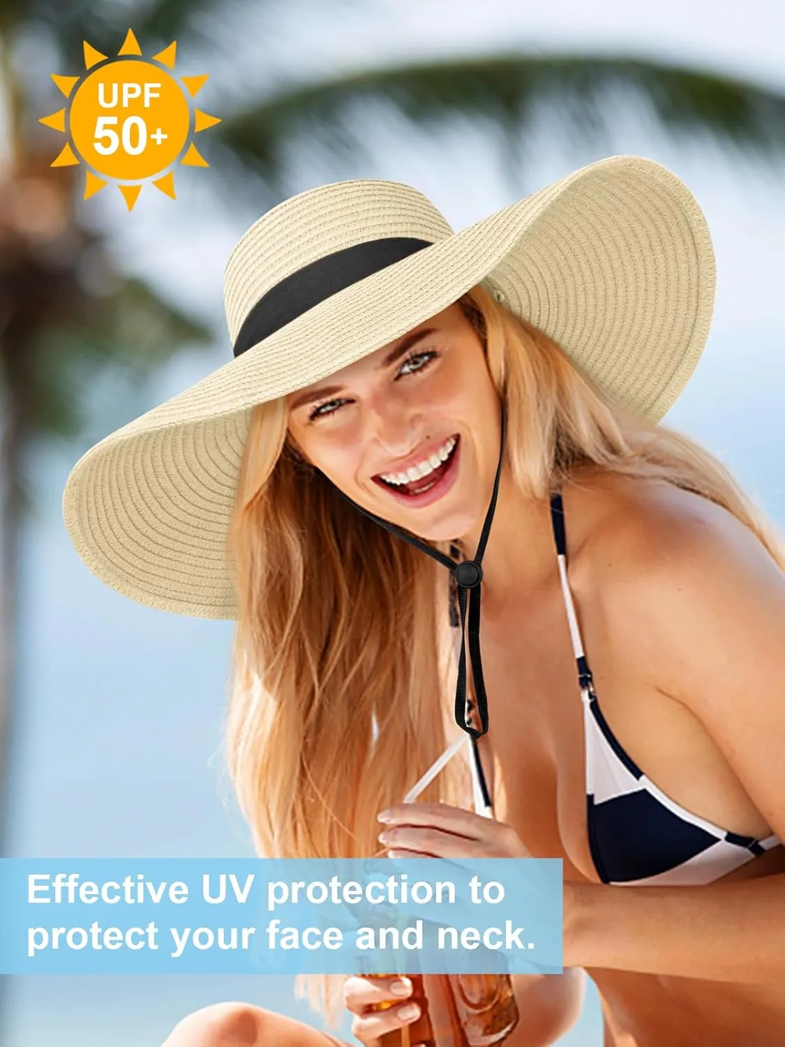 Sun Hats for Women Oversize Wide Brim Straw Beach Hat UV Protection Floppy Foldable Roll-Up Travel Summer Vacation UPF 50 