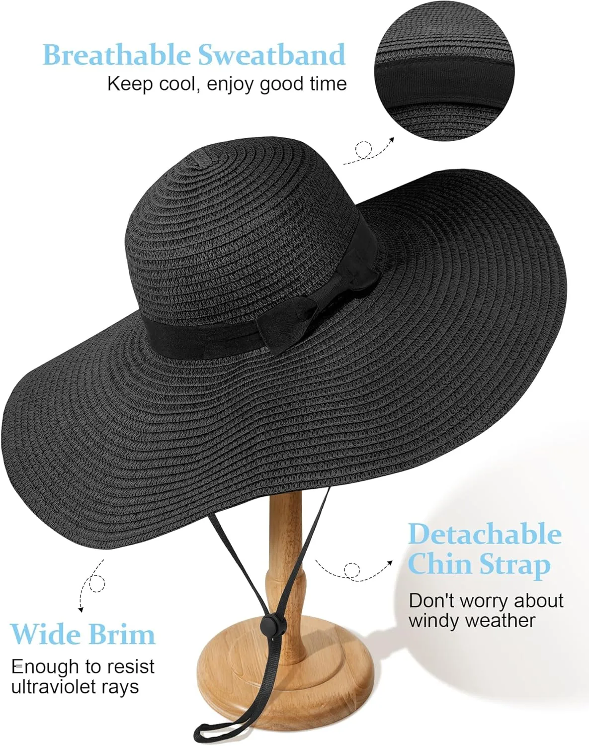 Sun Hats for Women Oversize Wide Brim Straw Beach Hat UV Protection Floppy Foldable Roll-Up Travel Summer Vacation UPF 50 