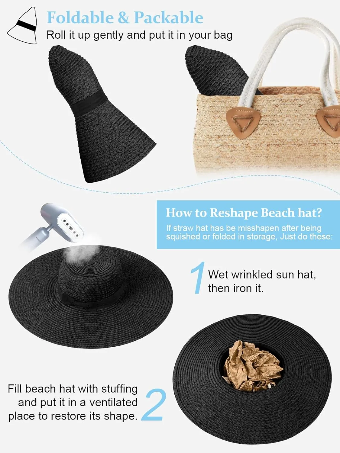 Sun Hats for Women Oversize Wide Brim Straw Beach Hat UV Protection Floppy Foldable Roll-Up Travel Summer Vacation UPF 50 