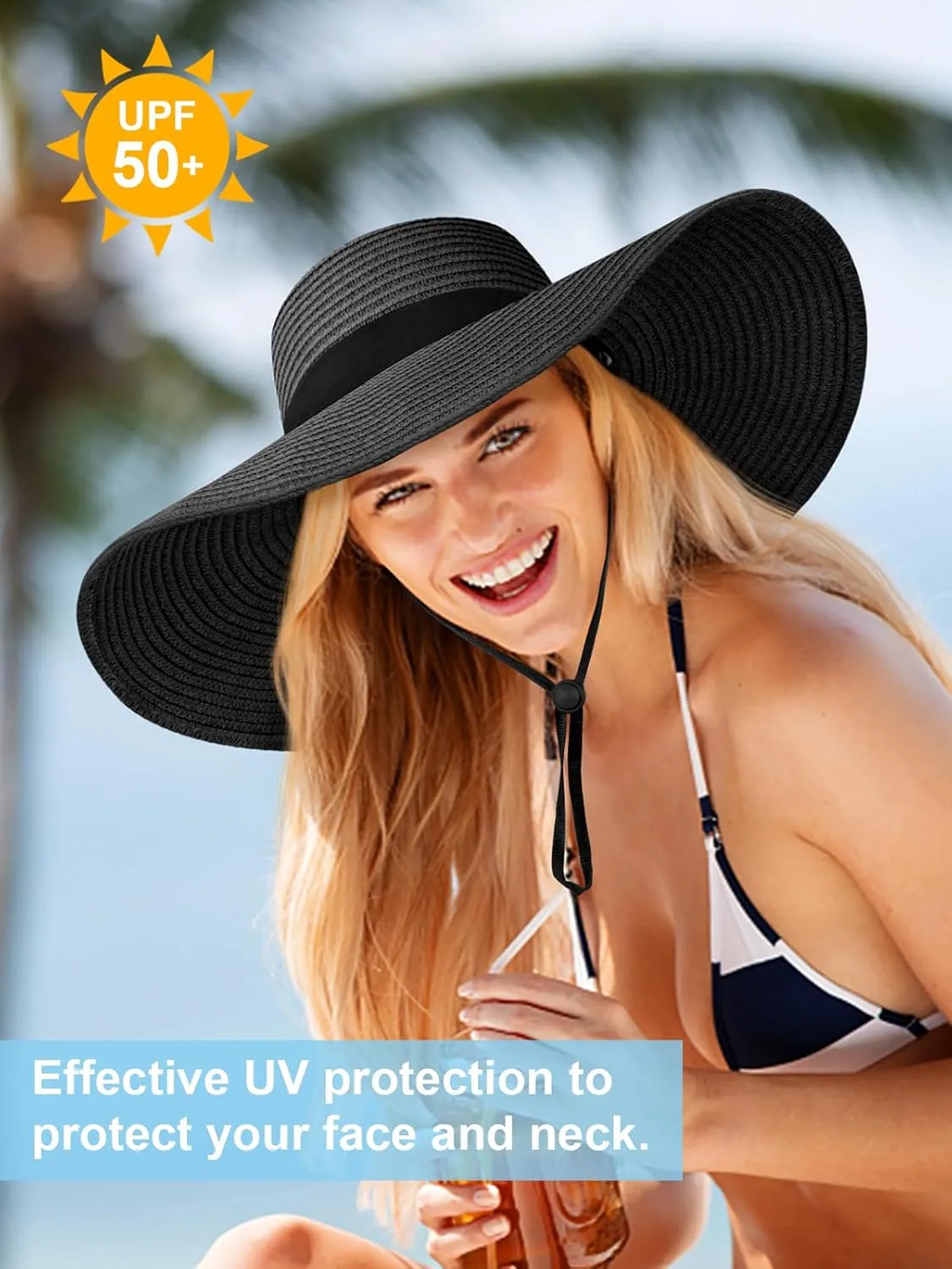 Sun Hats for Women Oversize Wide Brim Straw Beach Hat UV Protection Floppy Foldable Roll-Up Travel Summer Vacation UPF 50 