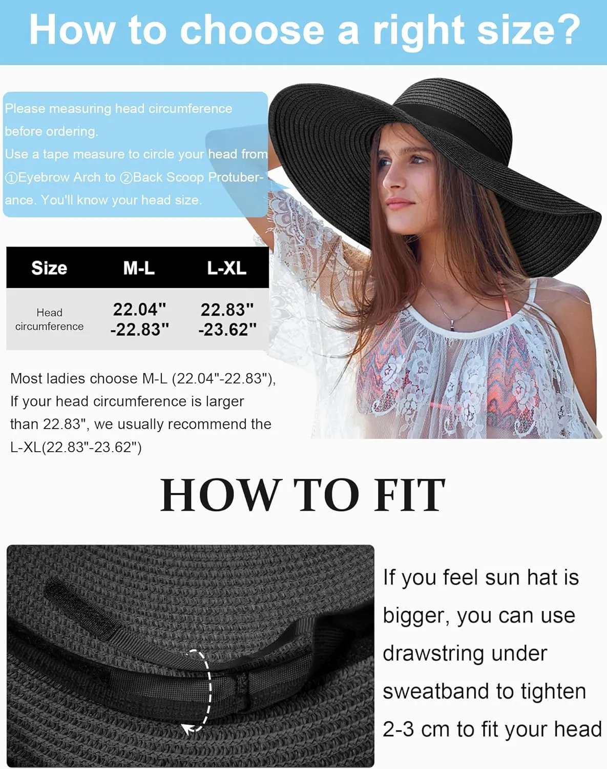 Sun Hats for Women Oversize Wide Brim Straw Beach Hat UV Protection Floppy Foldable Roll-Up Travel Summer Vacation UPF 50 