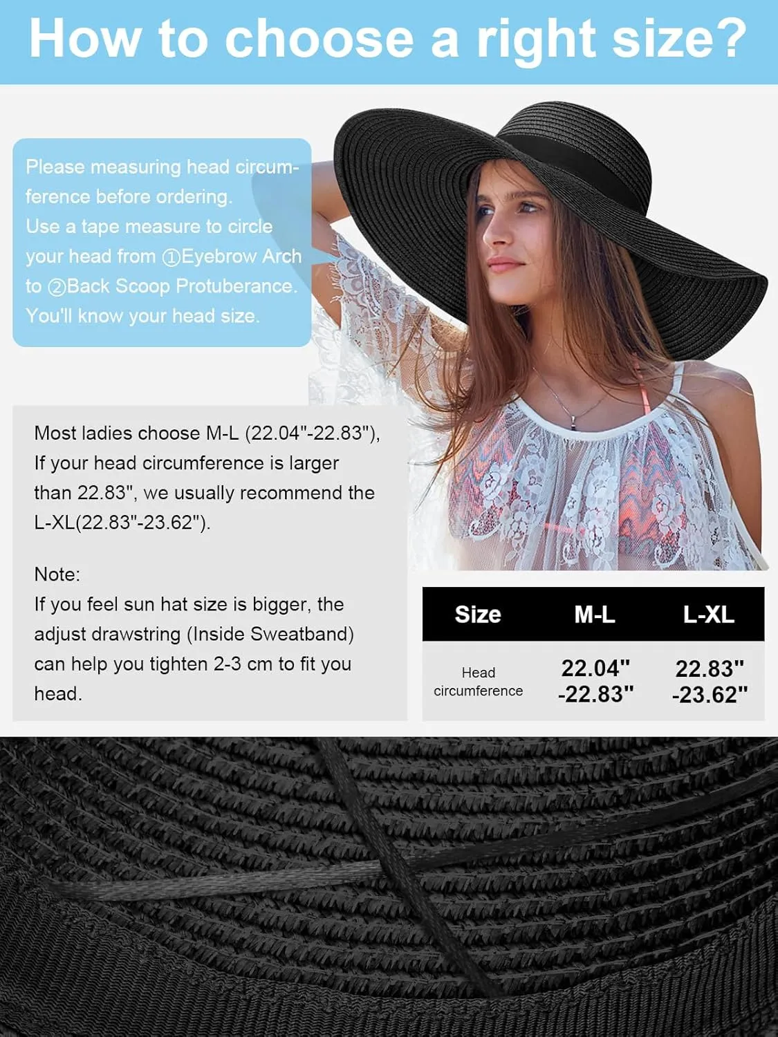 Sun Hats for Women, UV Protection Floppy Straw Beach Summer Wide Brim Hat Foldable Roll-Up Travel Vacation UPF 50 