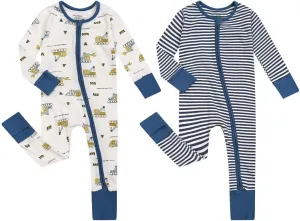 Teach Leanbh Unisex Baby 2 Pack Cotton Pajamas with Mittens and Feet Cuffs 2 Way Zipper Long Sleeve Romper Sleep and Play