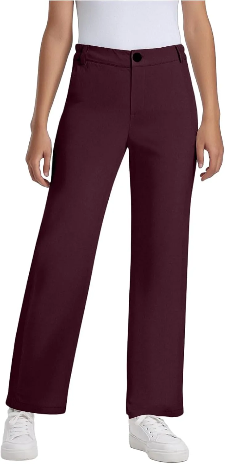 Teen Girls Straight-Fit Chino Pants Casual Stretch Flat-Front Dress Pants Elastic Waist Trousers with Pockets