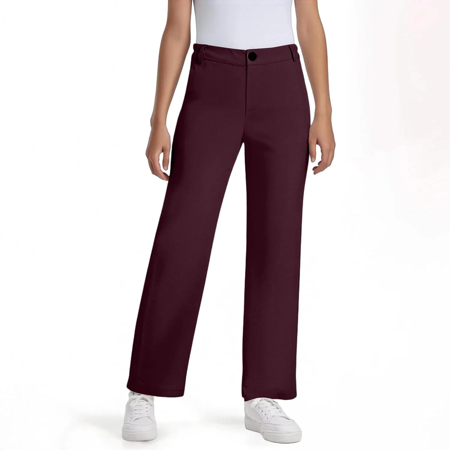 Teen Girls Straight-Fit Chino Pants Casual Stretch Flat-Front Dress Pants Elastic Waist Trousers with Pockets