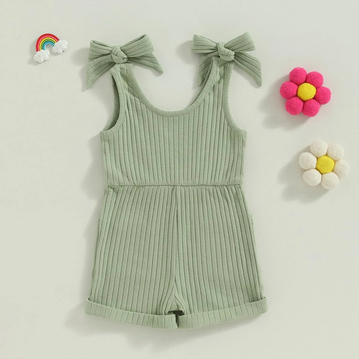 Toddler Baby Girl Romper Summer Ribbed Bow Straps Jumpsuit Playsuit Botton Down Tank Vest Romper One Piece Outfits