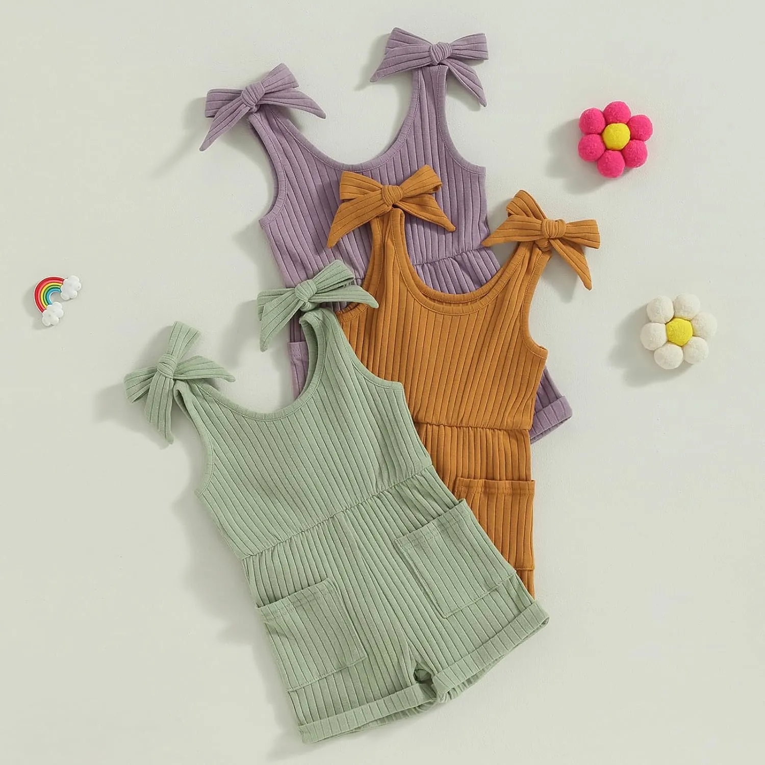 Toddler Baby Girl Romper Summer Ribbed Bow Straps Jumpsuit Playsuit Botton Down Tank Vest Romper One Piece Outfits