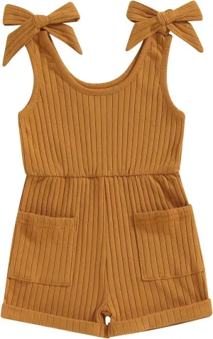 Toddler Baby Girl Romper Summer Ribbed Bow Straps Jumpsuit Playsuit Botton Down Tank Vest Romper One Piece Outfits