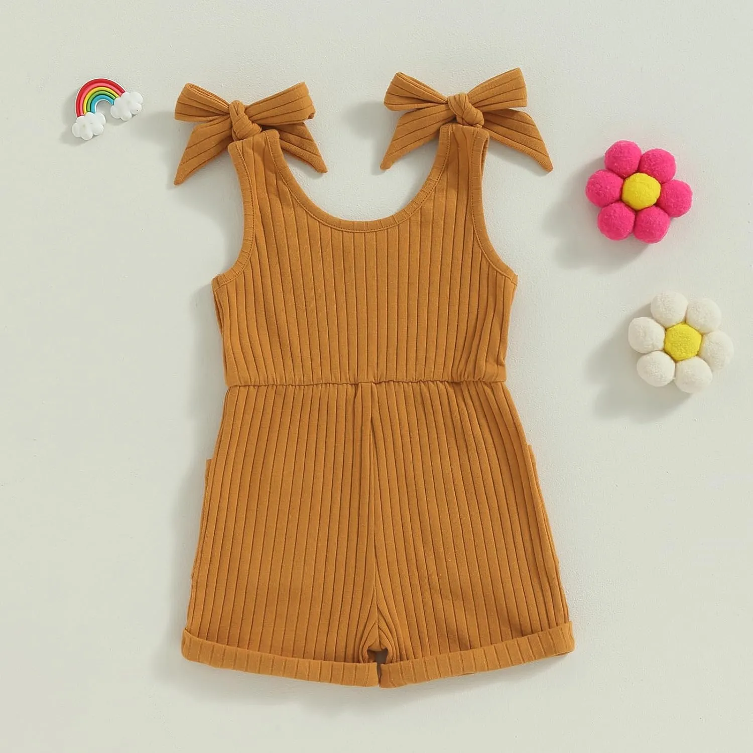 Toddler Baby Girl Romper Summer Ribbed Bow Straps Jumpsuit Playsuit Botton Down Tank Vest Romper One Piece Outfits