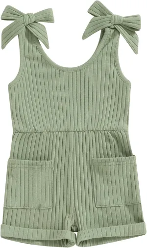 Toddler Baby Girl Romper Summer Ribbed Bow Straps Jumpsuit Playsuit Botton Down Tank Vest Romper One Piece Outfits