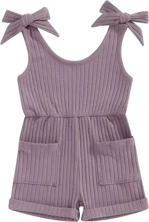 Toddler Baby Girl Romper Summer Ribbed Bow Straps Jumpsuit Playsuit Botton Down Tank Vest Romper One Piece Outfits