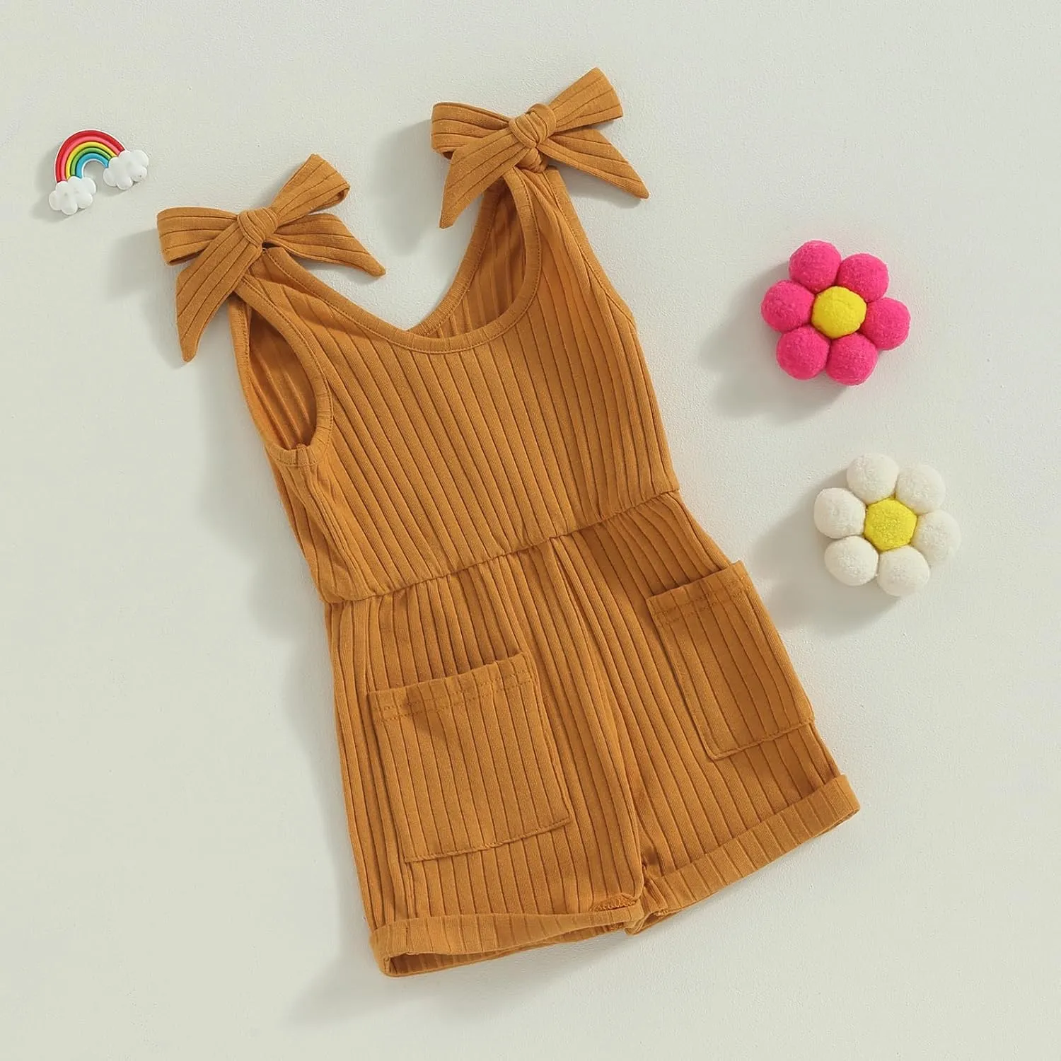 Toddler Baby Girl Romper Summer Ribbed Bow Straps Jumpsuit Playsuit Botton Down Tank Vest Romper One Piece Outfits