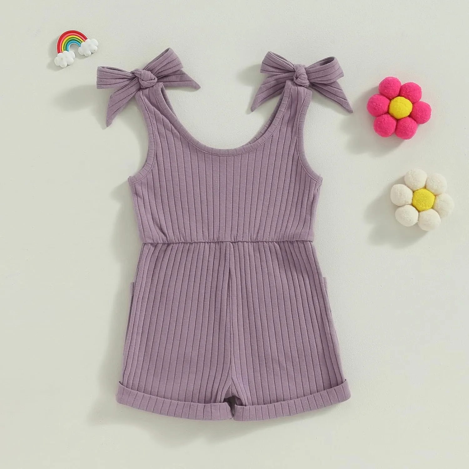 Toddler Baby Girl Romper Summer Ribbed Bow Straps Jumpsuit Playsuit Botton Down Tank Vest Romper One Piece Outfits