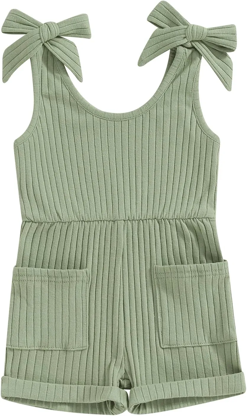 Toddler Baby Girl Romper Summer Ribbed Bow Straps Jumpsuit Playsuit Botton Down Tank Vest Romper One Piece Outfits