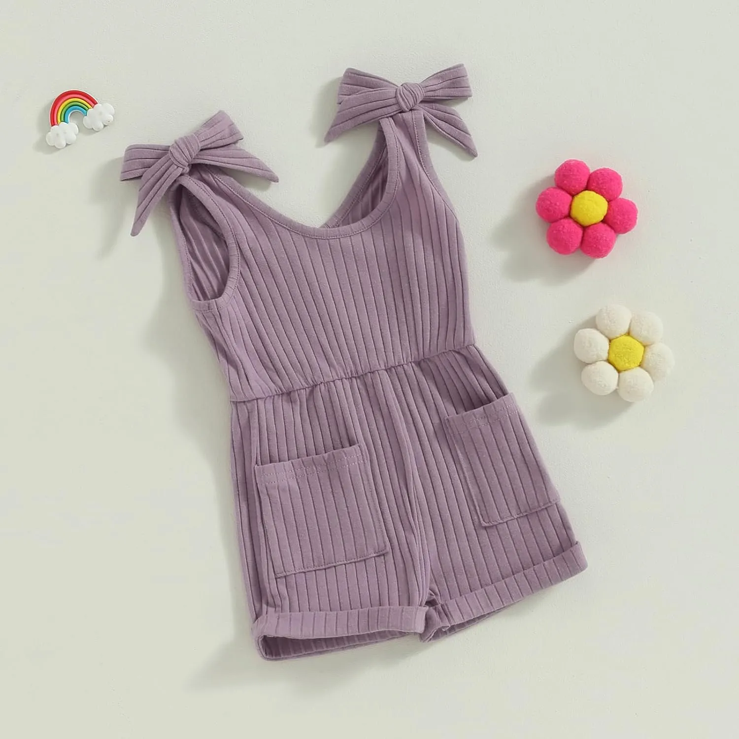 Toddler Baby Girl Romper Summer Ribbed Bow Straps Jumpsuit Playsuit Botton Down Tank Vest Romper One Piece Outfits