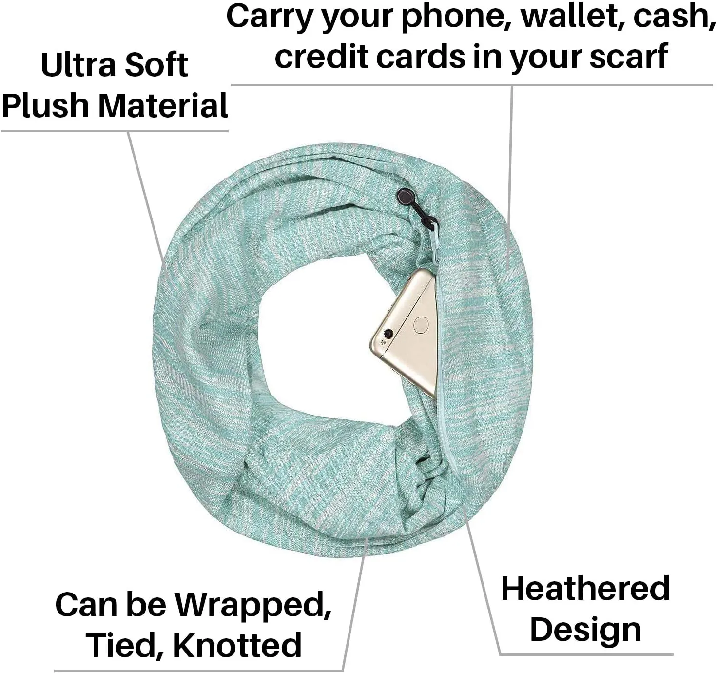 Travel-in-Style Pocket Scarf - Lightweight Heathered Travel Scarves, Infinity Scarves with Zipper Pockets