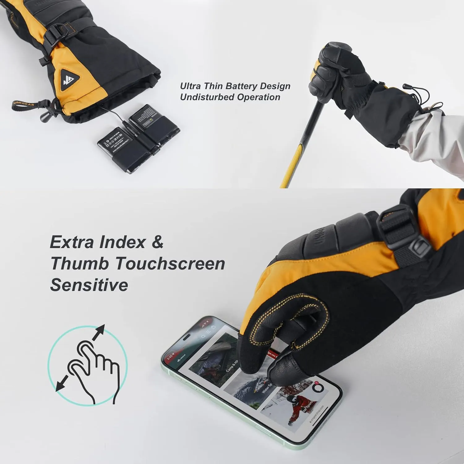 Unigear Rechargeable Heated Gloves for Men Women, 3 Heating Level Electric Battery Ski Gloves, Thinsulate Waterproof Winter Touchscreen Leather for Outdoor Work, Snowboarding, Raynauds
