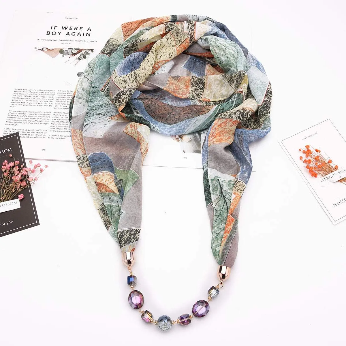 Vintage Ethnic Women's Scarf Crystal Bead Pendant Accessory Necklace Soft Infinity Scarves(sc005)