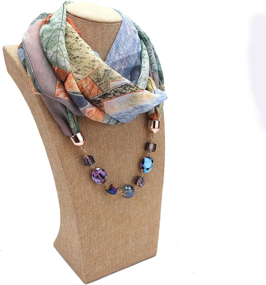 Vintage Ethnic Women's Scarf Crystal Bead Pendant Accessory Necklace Soft Infinity Scarves(sc005)